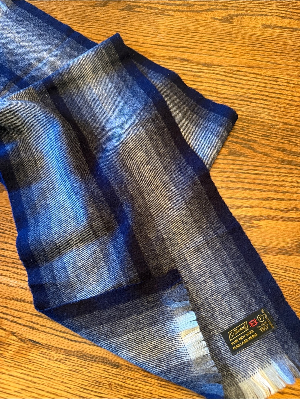 Vintage St Michael Pure New Wool Scarf Blue Plaid Made in UK